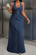 Women's Casual Denim Halter Neck Maxi Dress