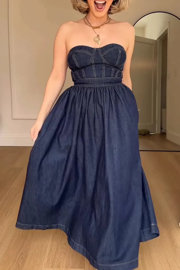 Women's Elegant Bustier A Line Hem Denim Dress