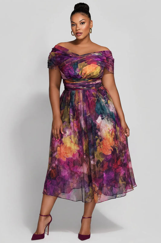 Cocktail Party Purple Floral Wrap Neck Short Sleeve Pleated Chiffon Midi Dresses