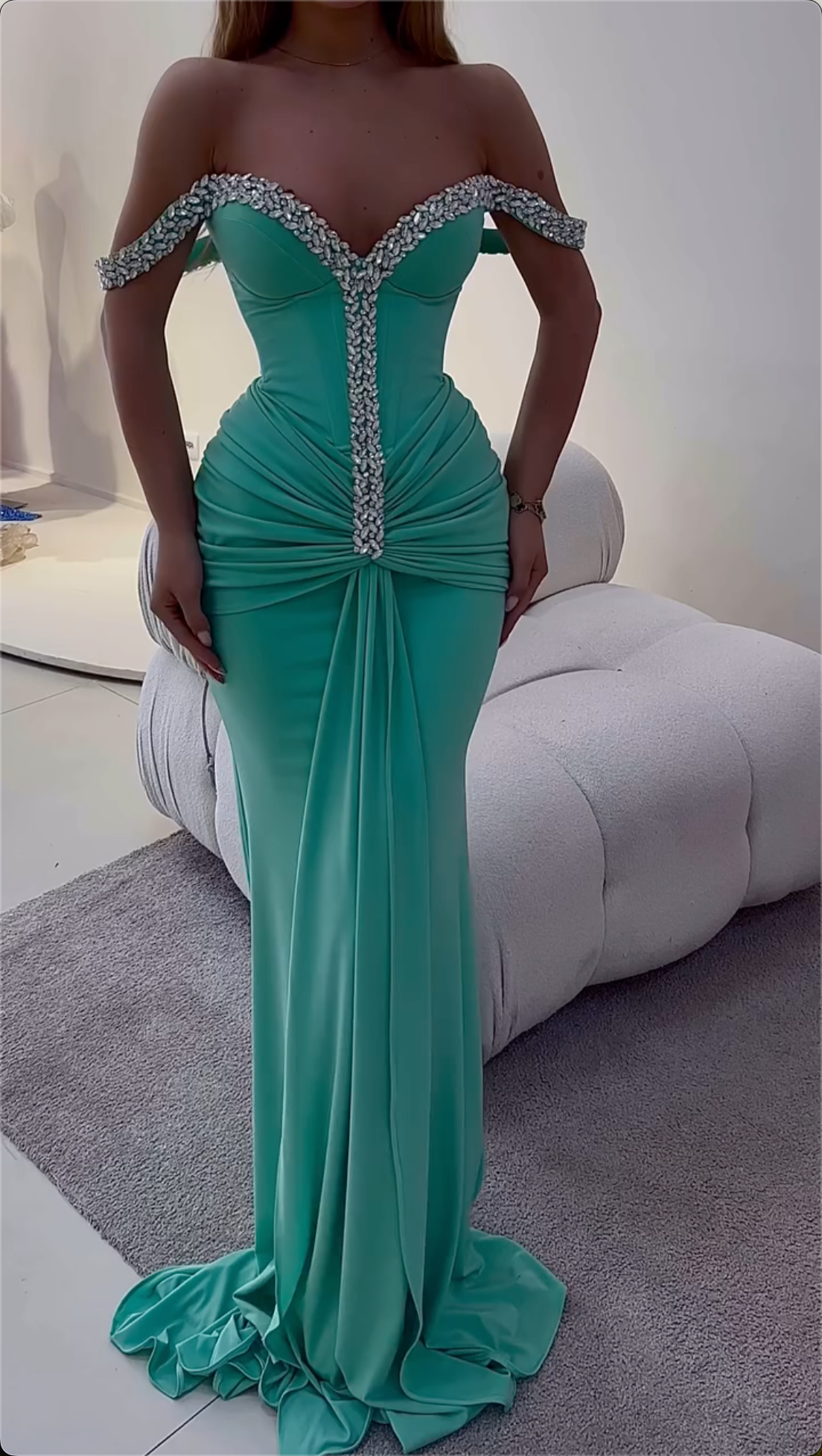 Stunning Mint Green Off-Shoulder Crystal Mermaid Maxi Dress