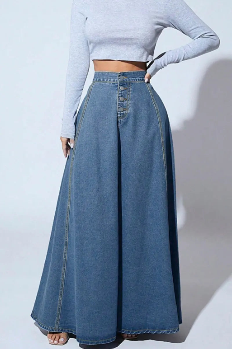 Women's Vintage Single-Breasted Full A-Line Denim Skirt