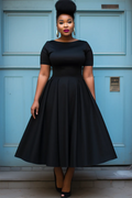 Semi  Black Round Neck Short Sleeve Midi Dresses