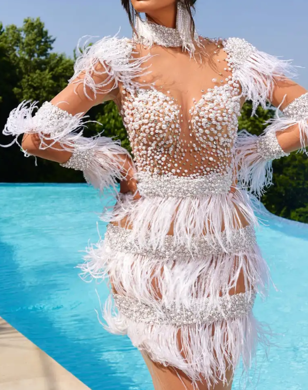 White Feather & Crystal Embellished Sheer Maxi Dress