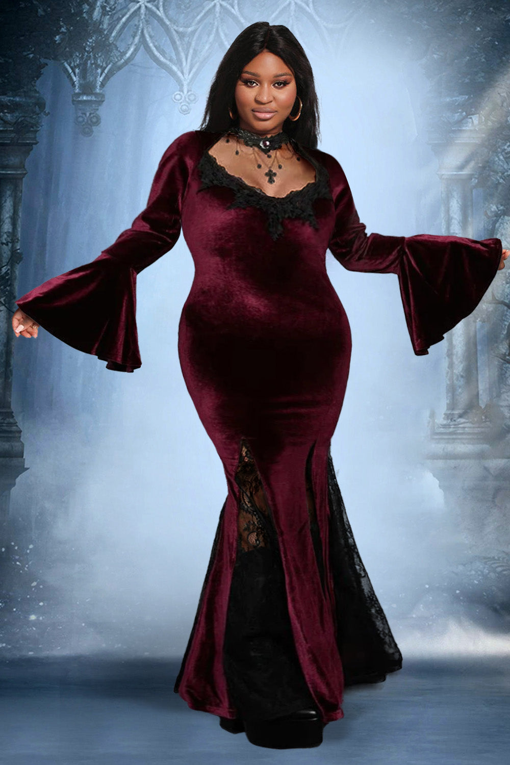 Halloween Costume Burgundy Witches Gothic V-Neck Trumpet Sleeve Velvet Lace Maxi Dress(Ships 24h)