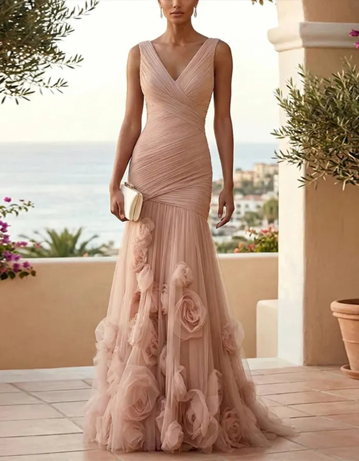 Solid Color V-neck 3D Rose Mesh Maxi Dress