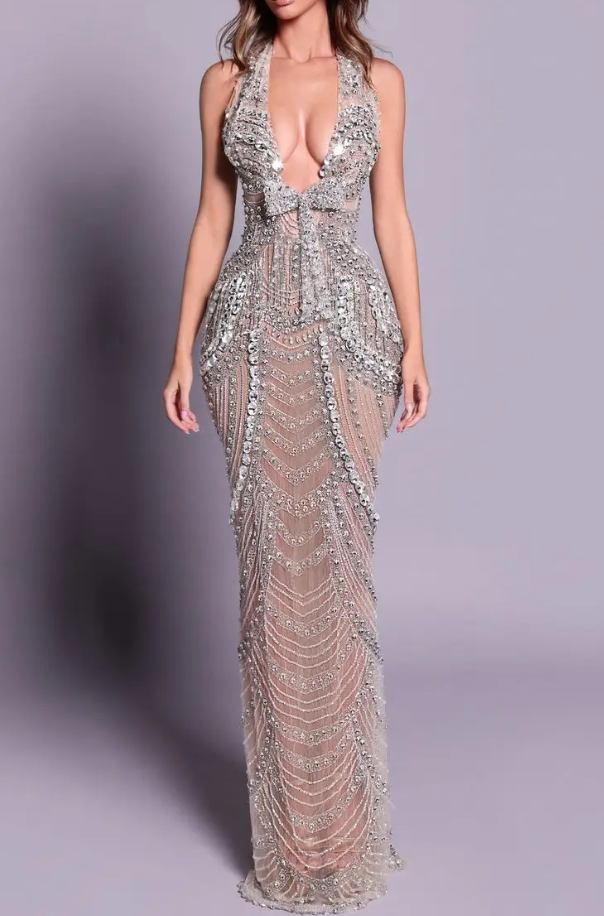 Nude Rhinestone Halter Neck Plunge Neck Mermaid Gown