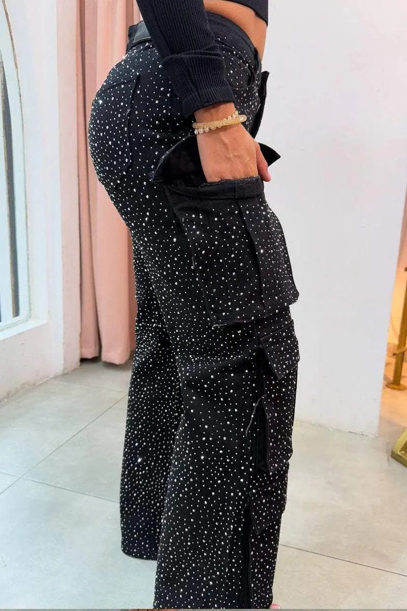 Women's Rhinestone Multi-pocket Work Jeans