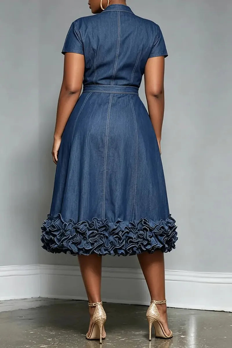 Women's Elegant V Neck Multi Layer Flounce Hem Denim Dress