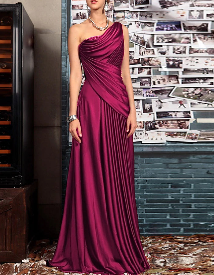 Solid Color Satin Draped Shoulder Maxi Dress