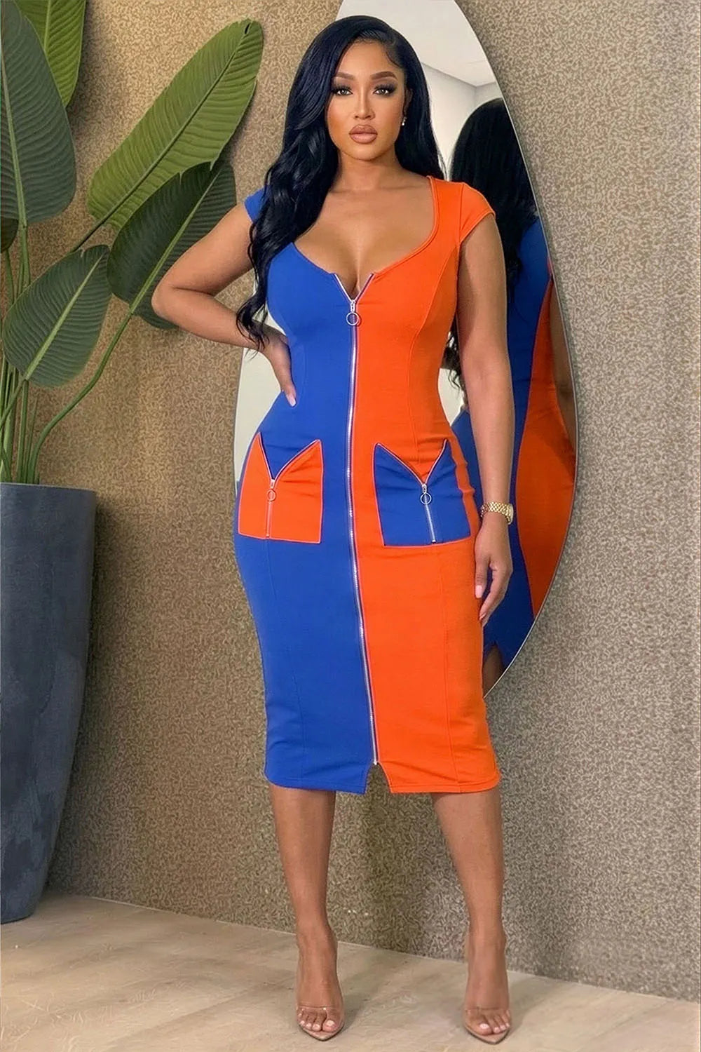 Colorblock U Neck Zipper Pocket Casual Midi Dresses-Multicolor [Pre Order]