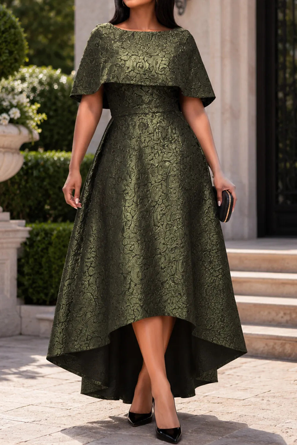 Green Round Neck Cape Sleeve Short Sleeve High Low Hem Pocket Jacquard Midi Dresses [Pre-Order]