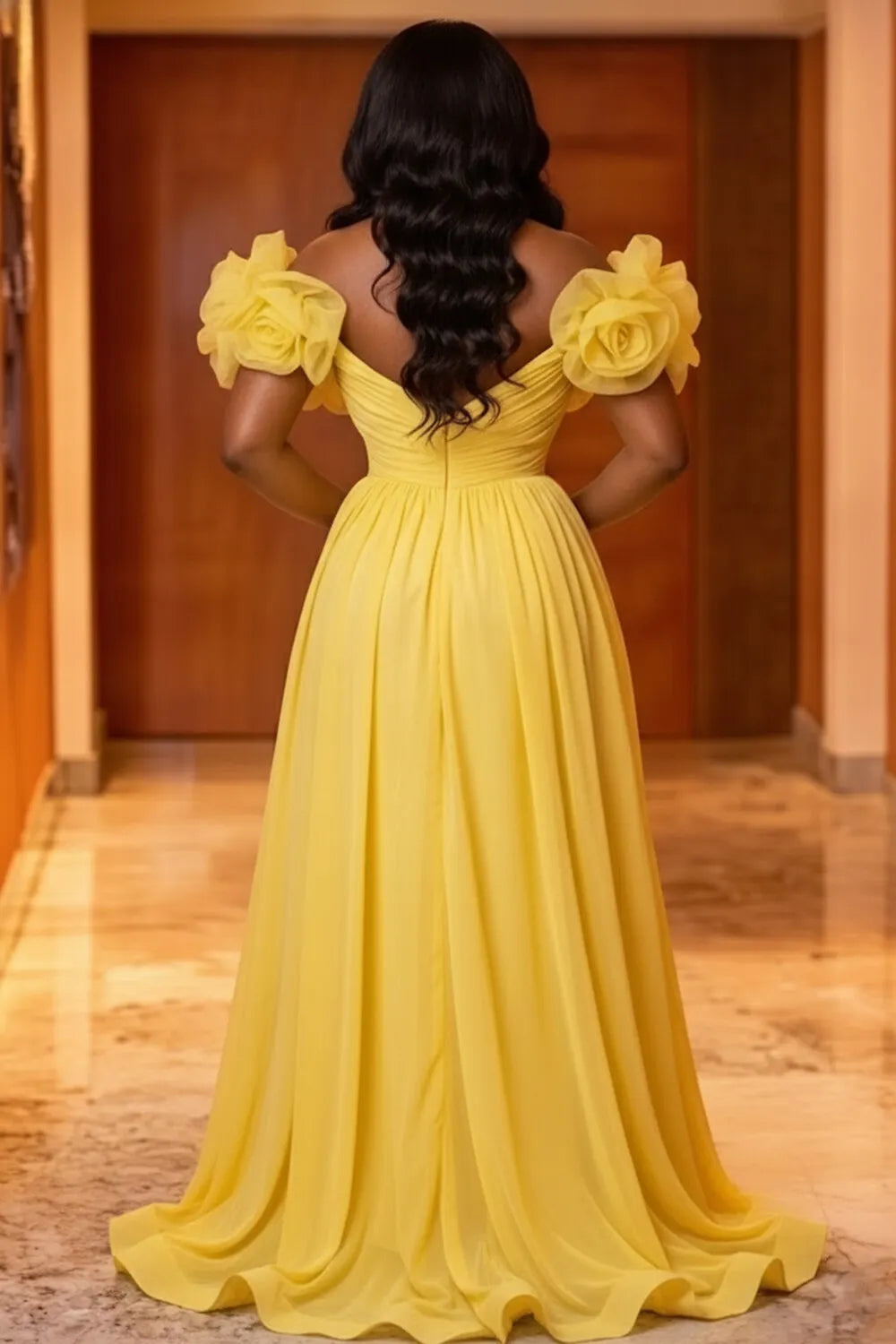 Off Shoulder 3D Floral Slit Ruched Gowns Maxi Dresses-Yellow [Pre Order]