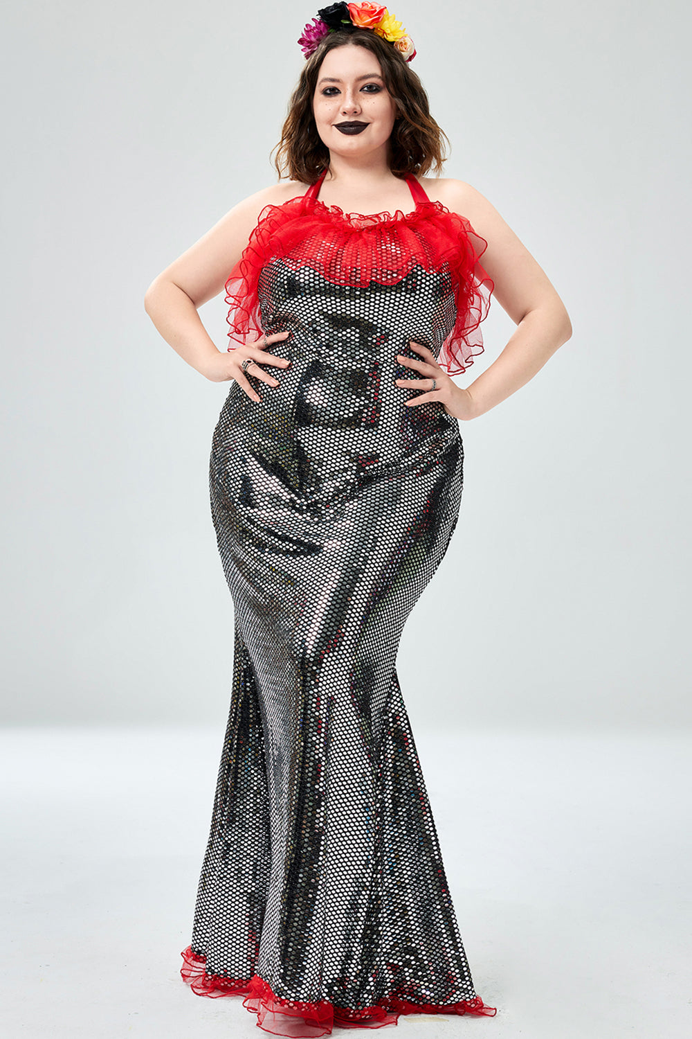 Halloween Costume Black Mermaid Gothic Overlay Ruffle Sequin Maxi Dress(Ships 24h)