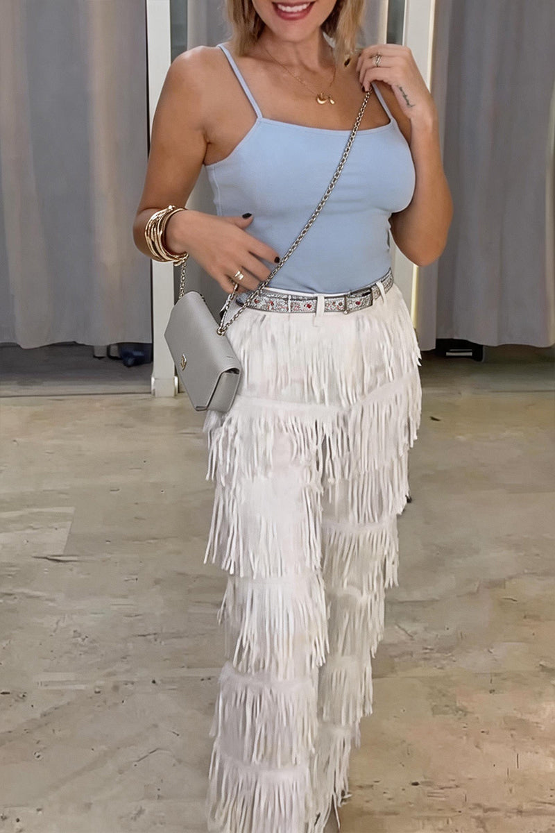 Women's Fashion Wide-Leg Fringe Trim Pants