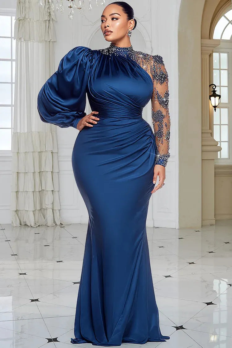 Blue Mock Neck Lantern Sleeve Long Sleeve Drilling Elegant See Through Tulle Satin Maxi Dresses