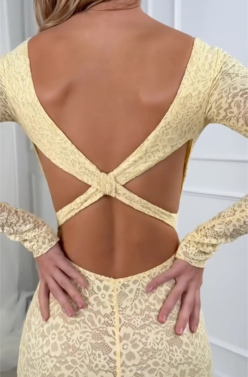 Yellow Long-Sleeve Lace Mermaid Maxi Dress with Cross-Back Detail - Formal Evening Gown