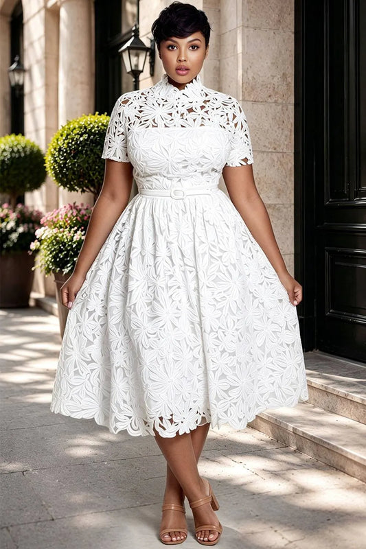 Wedding Guest Elegant White Mock Neck Short Sleeve See Through Lace Midi Dresses