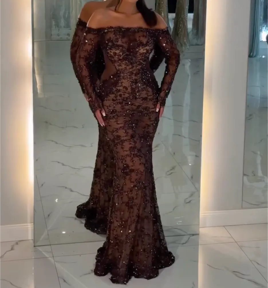 Dark Brown Sequin Lace 3-in-1 Mermaid Evening Gown, Sheer Formal Dress with 3 Neckline Options: Halter / Strapless / Off Shoulder Long Sleeve