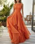 Vibrant Orange Chiffon Round-neck Sleeveless Fitted Waist Maxi Dress