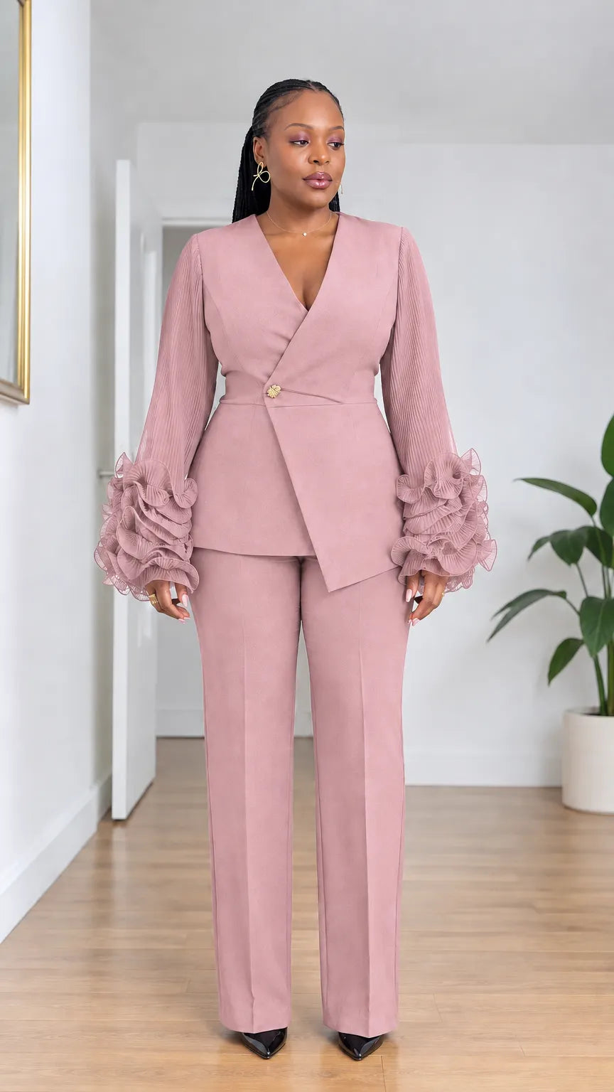 Women's Elegant Ruffle Sleeve Pant Suit Set with Asymmetrical Blazer and Tailored Trousers