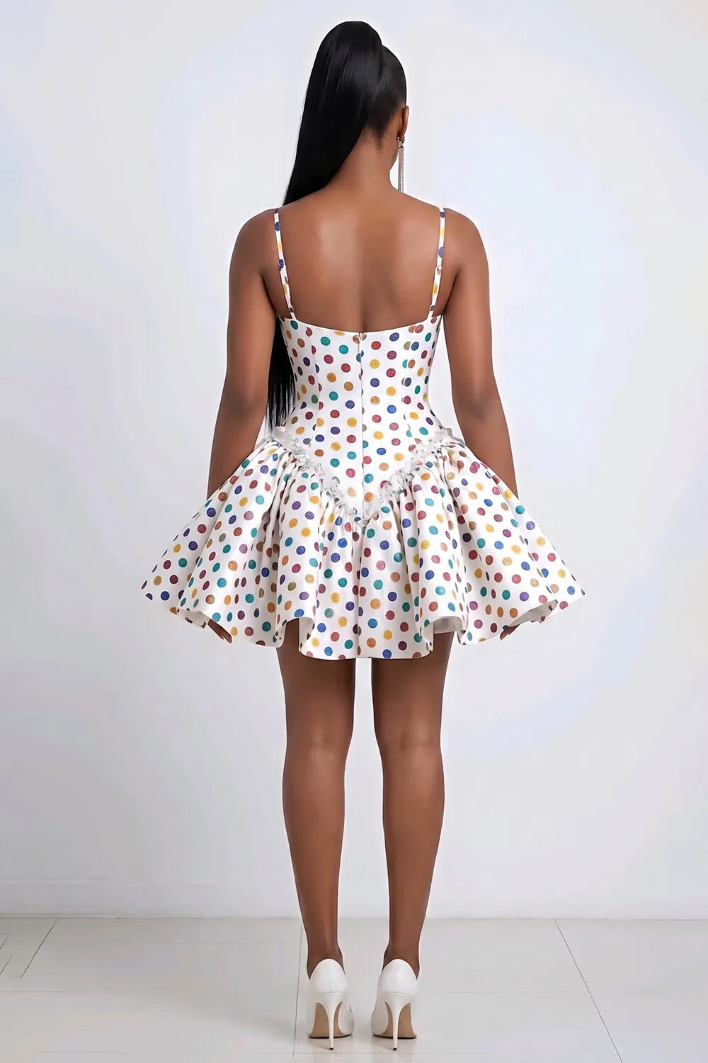 Polka Dot Print Spaghetti Strap Corset Waist Mini Dresses-White [Pre Order]