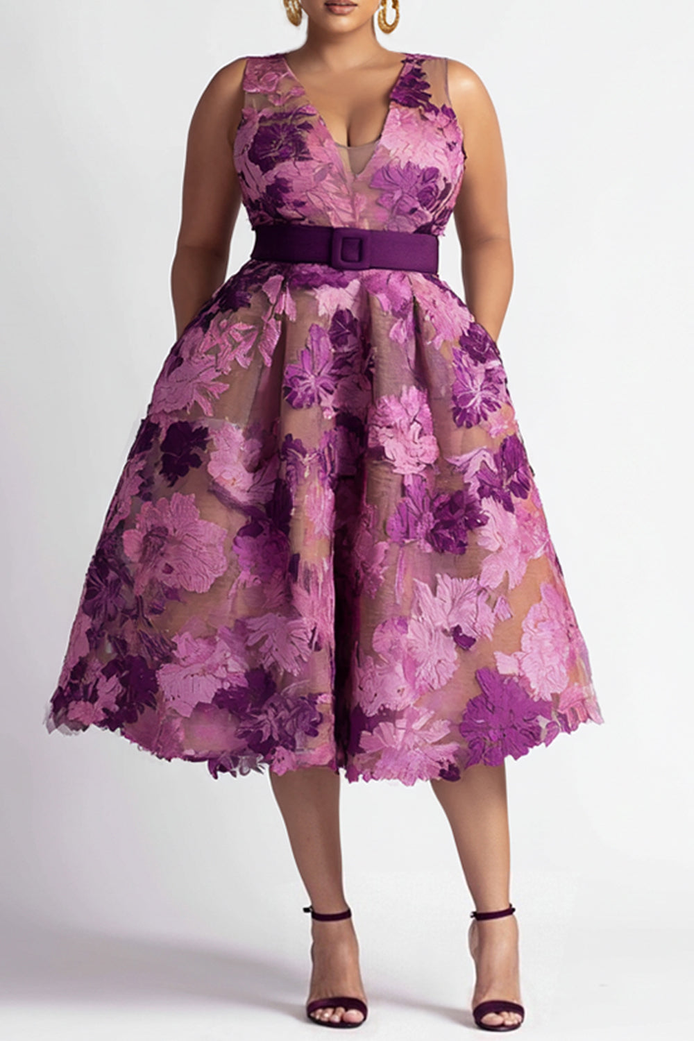 Cocktail Party Purple Floral V Neck Pocket Midi Dresses