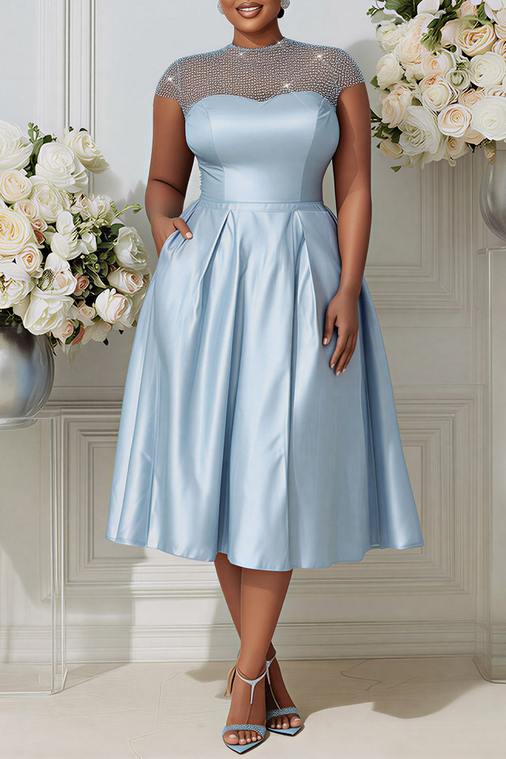 Cocktail Party Tulle Light Blue Round Neck Short Sleeve Pocket See Through Satin Midi Dresses