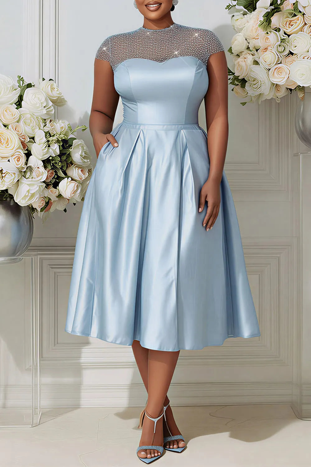 Cocktail Party Tulle Light Blue Round Neck Short Sleeve Pocket See Through Satin Midi Dresses