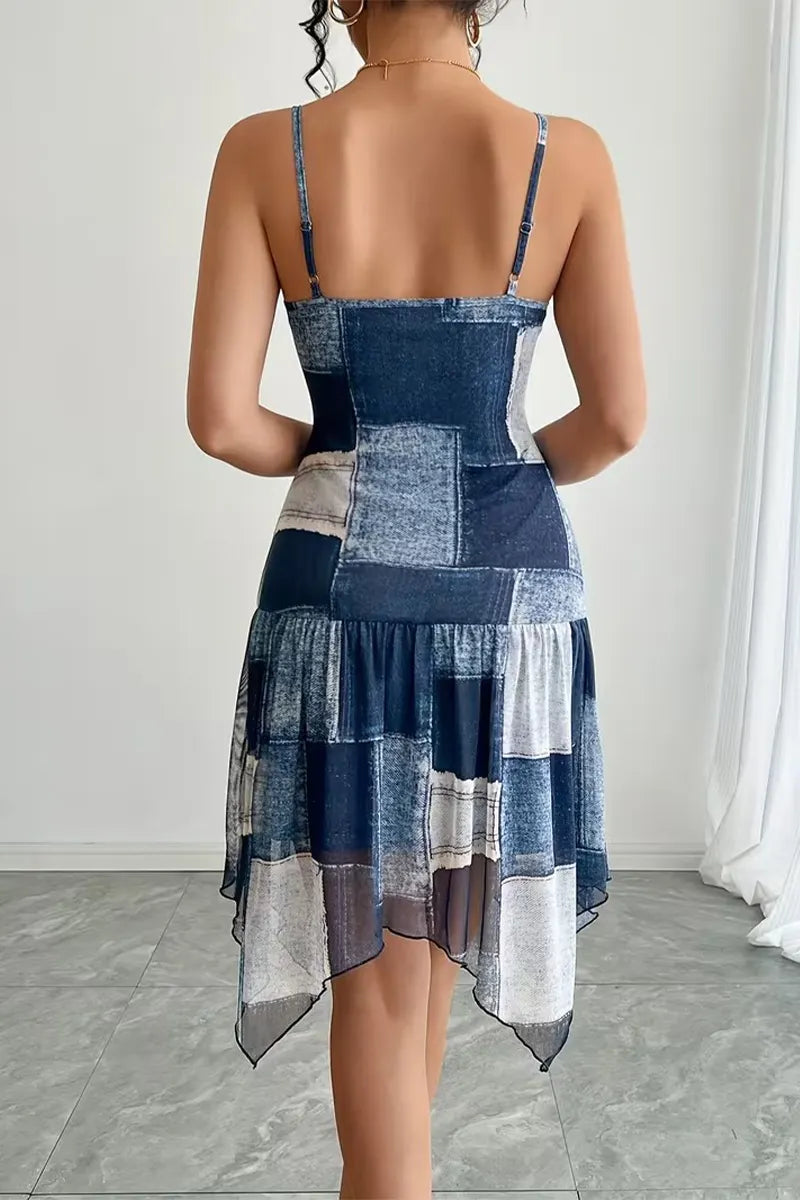 Women's Suspender Waist Cinching Patch Casual Denim Midi Dresses