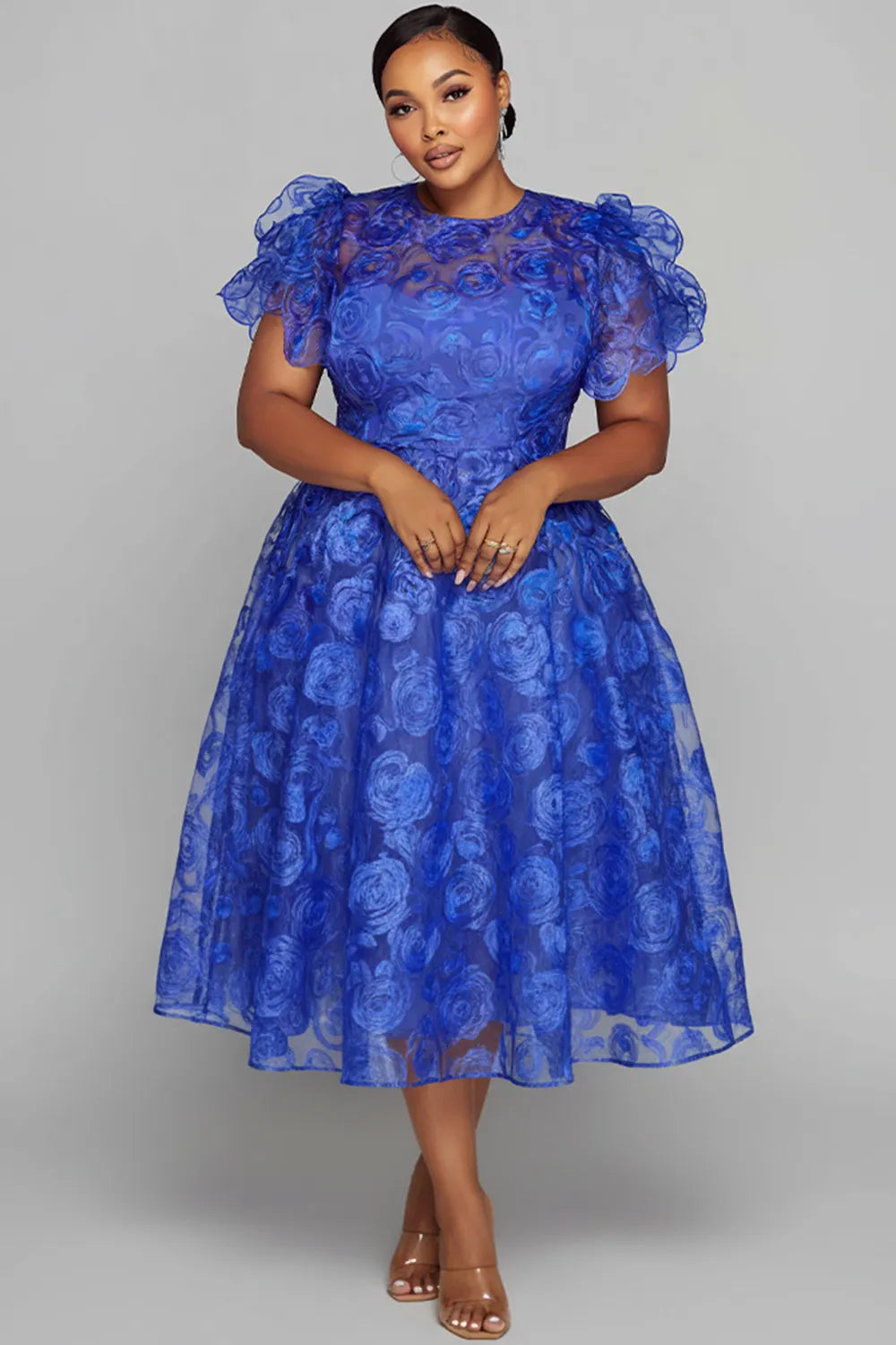 Cocktail Party Blue Round Neck Short Sleeve See Through Organza Midi Dresses
