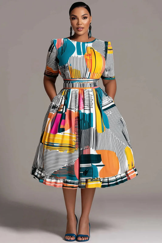 Business Casual Multicolor All Over Print Round Neck Short Sleeve Pocket Midi Dresses