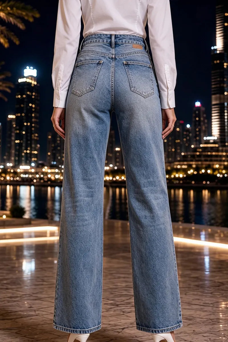 Women Light Blue Washed High Waist Wide Leg Ombre Rainbow Rhinestone Hem Jeans