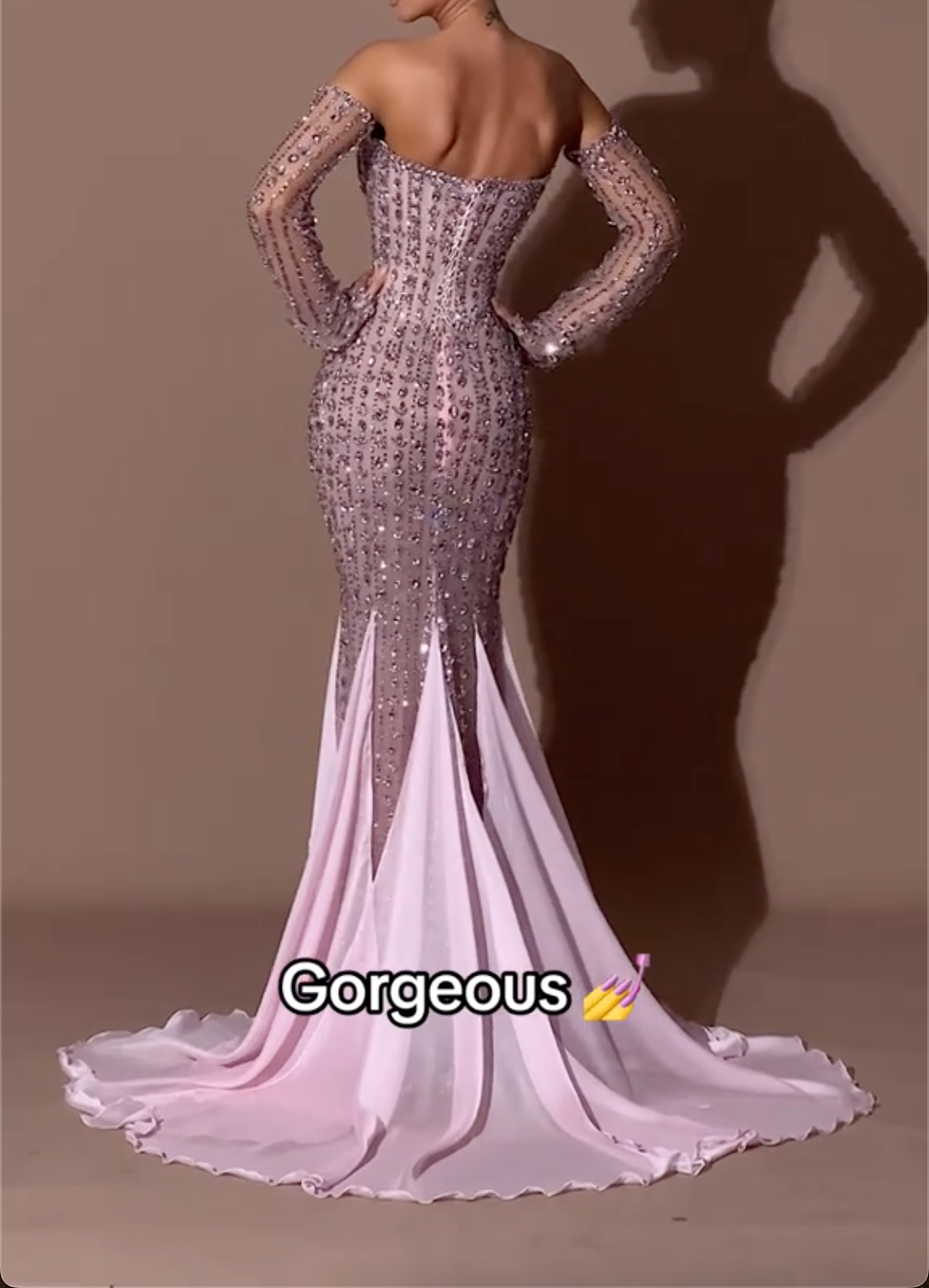 Light Pink Strapless Sweetheart Sequin Mermaid Maxi Dress with Long Sheer Sleeves