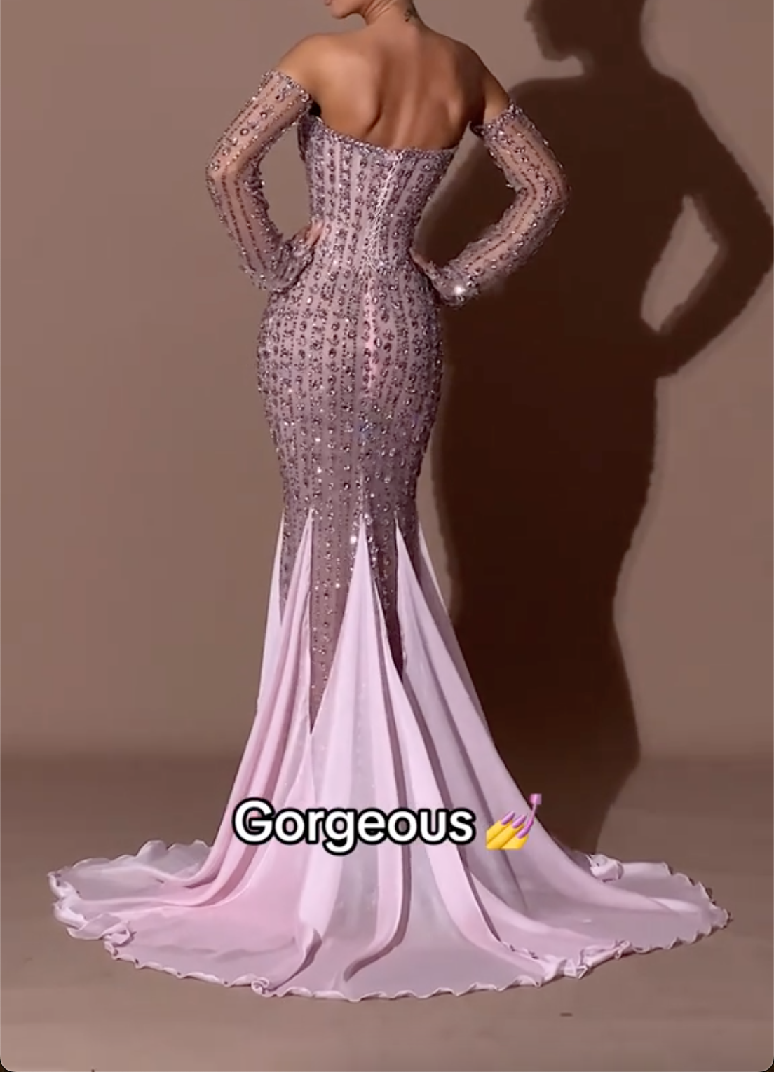 Light Pink Strapless Sweetheart Sequin Mermaid Maxi Dress with Long Sheer Sleeves