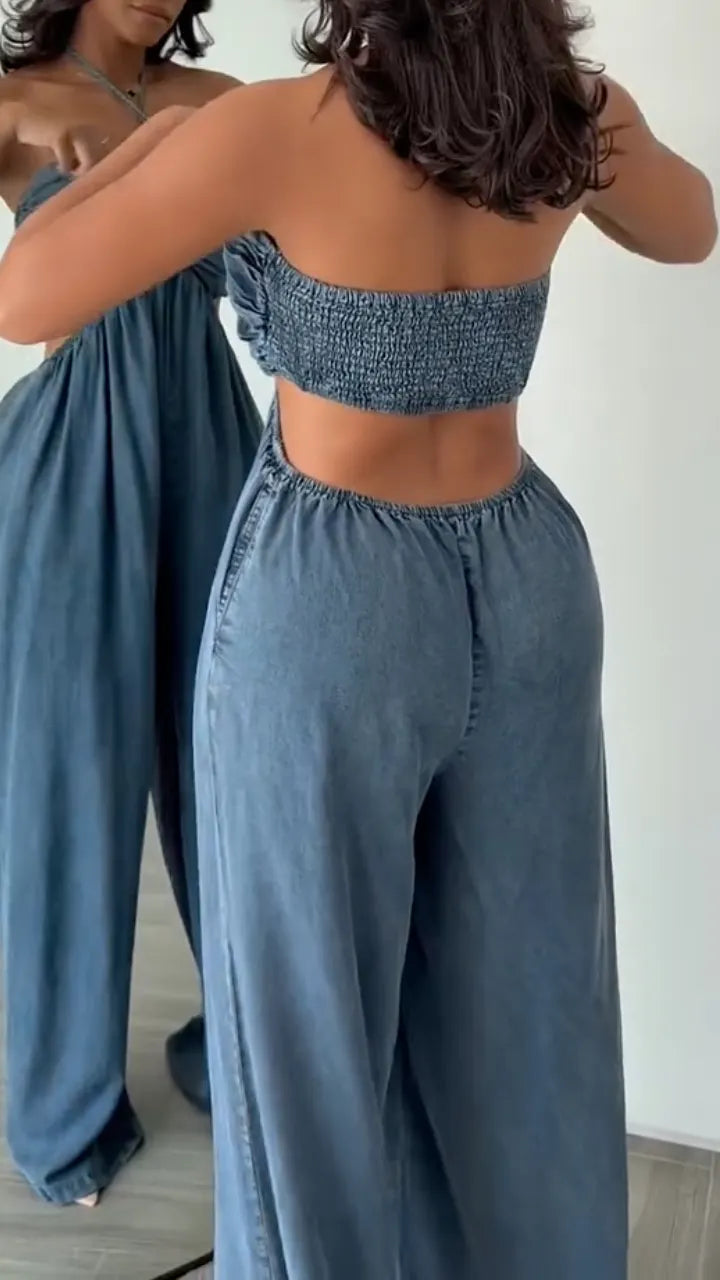 Halter Cutout Tencel Denim Wide Leg Jumpsuit