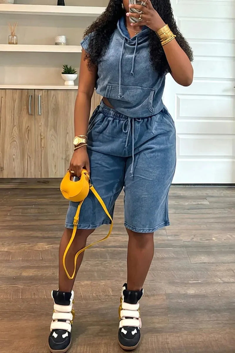 Women's Washed Denim Sleeveless Hoodie And Drawstring Waist Shorts