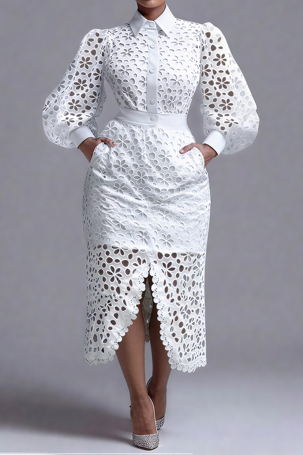 Business Casual White Shirt Collar Lantern Sleeve Long Sleeve Split Elegant See Through Lace Two Piece Skirt Sets