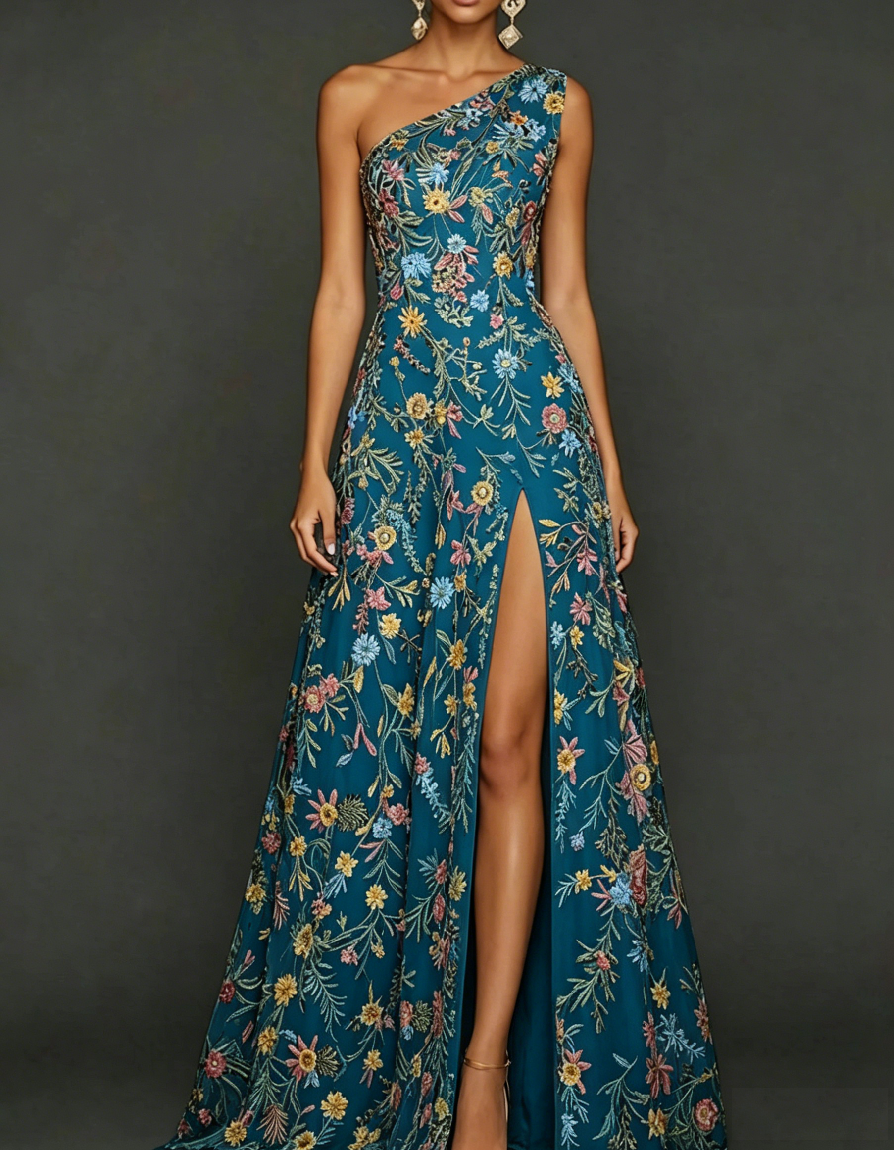Chiffon Lace Embroidered One Shoulder Fitted Waist Maxi Dress