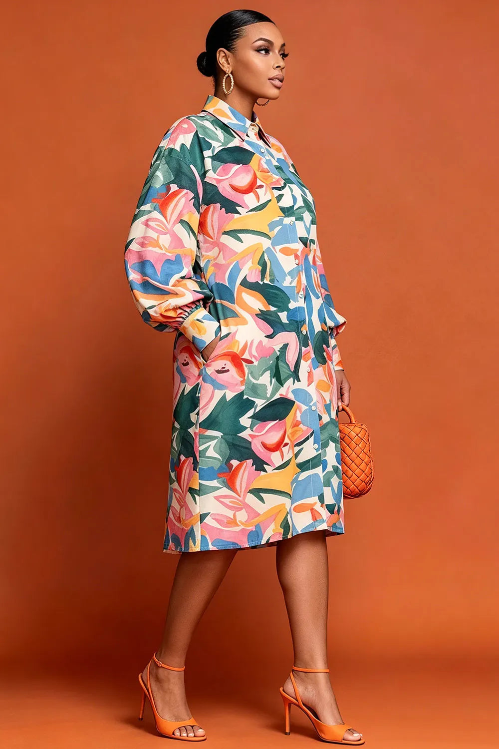 Business Casual Multicolor All Over Print Shirt Collar Long Sleeve Pocket Midi Dresses