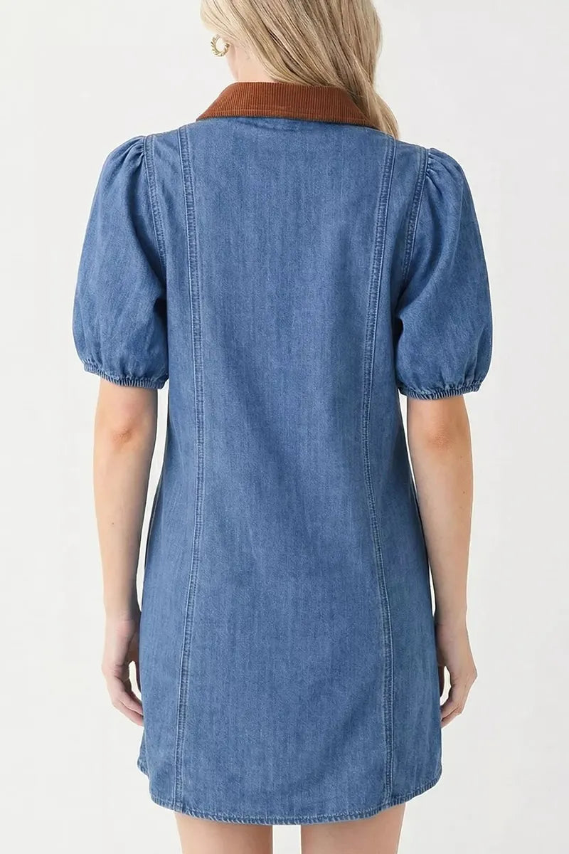 Women's Casual Contrast Color Denim Skirt With Puff Sleeves