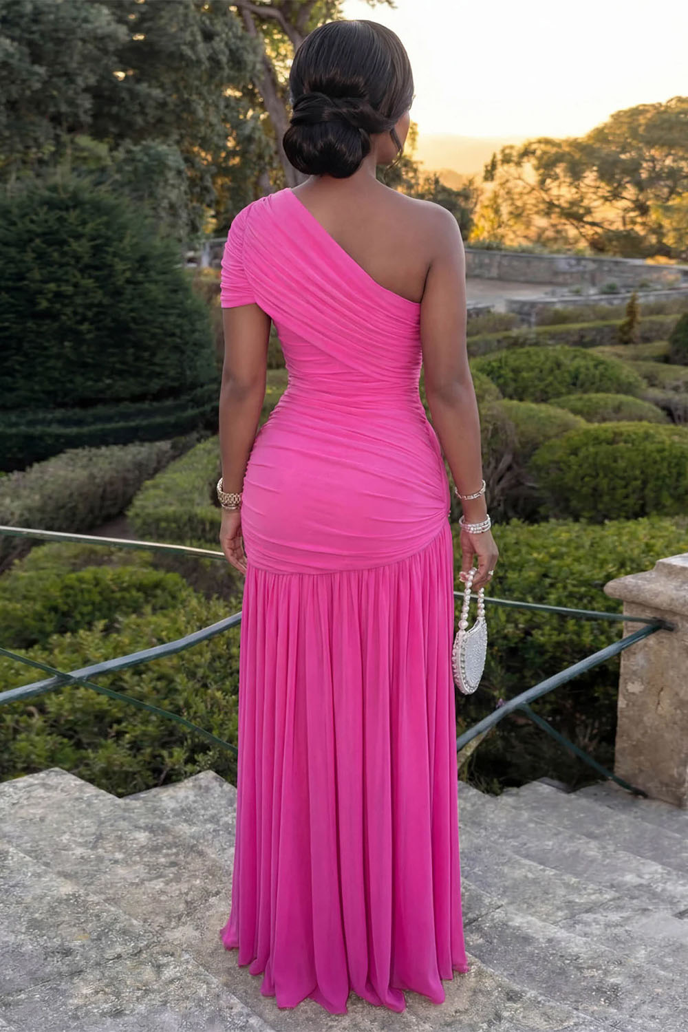 Oblique Collar Ruched One Shoulder Slit Sleeveless Gowns Maxi Dresses-Yellow