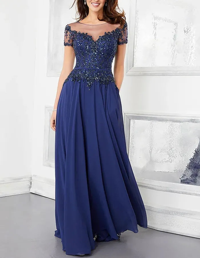 Crew Neck Lace And Chiffon Fabric Maxi Dress