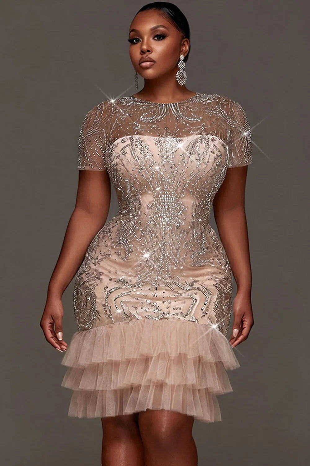 Party Elegant Tulle Pink Round Neck Short Sleeve Ruffle See Through Sequin Mini Dresses