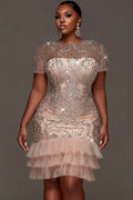 Party Elegant Tulle Pink Round Neck Short Sleeve Ruffle See Through Sequin Mini Dresses