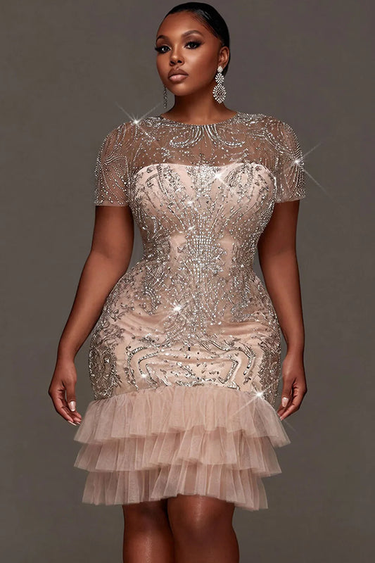 Party Elegant Tulle Pink Round Neck Short Sleeve Ruffle See Through Sequin Mini Dresses