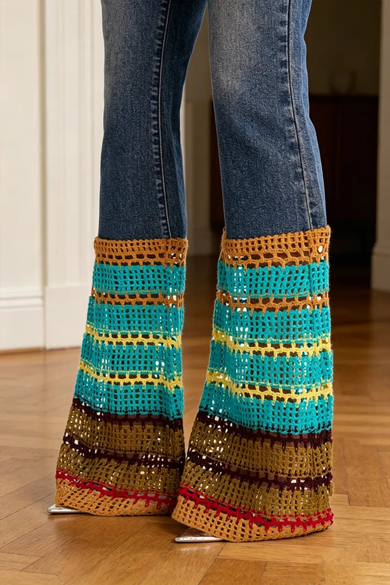 Women's Washed Water Spliced Knitted Hollow Casual Jeans