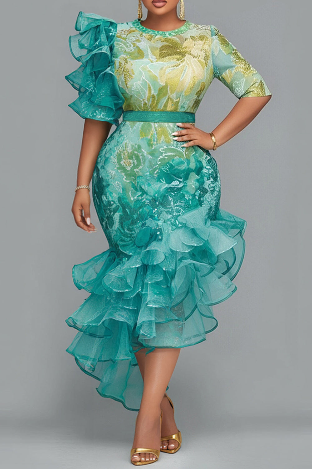 Cocktail Party Green All Over Print Round Neck Half Sleeve Ruffle Asymmetric Hem Irregular Hem Midi Dresses