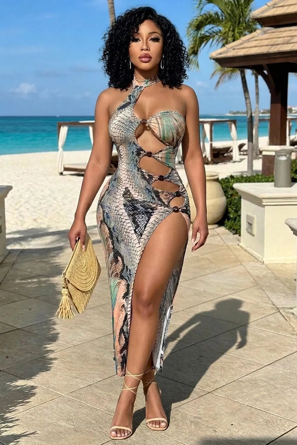 Halter Snake Print Cut Out High Slit Vacation Maxi Dresses-Gray [Pre Order]