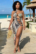 Halter Snake Print Cut Out High Slit Vacation Maxi Dresses-Gray [Pre Order]