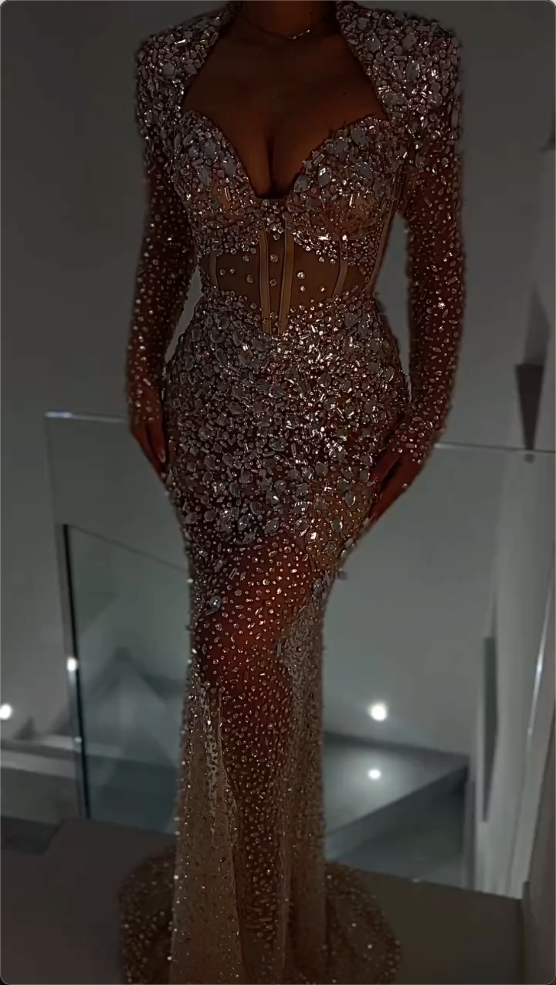 Opulent Silver Nude Long-Sleeve Mermaid Maxi Dress with Crystal-Encrusted Sheer Mesh Corset